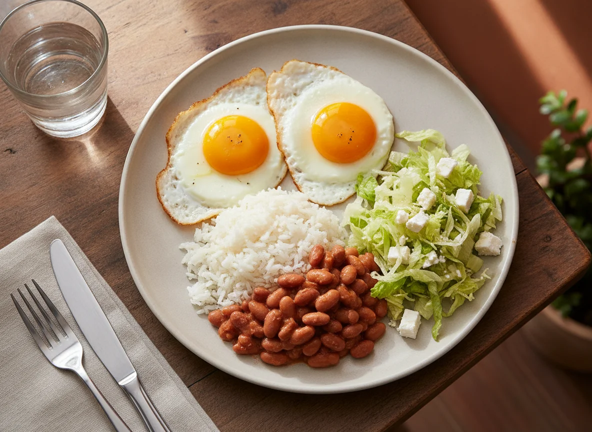 Huevo frito con arroz, frijoles y ensalada photo