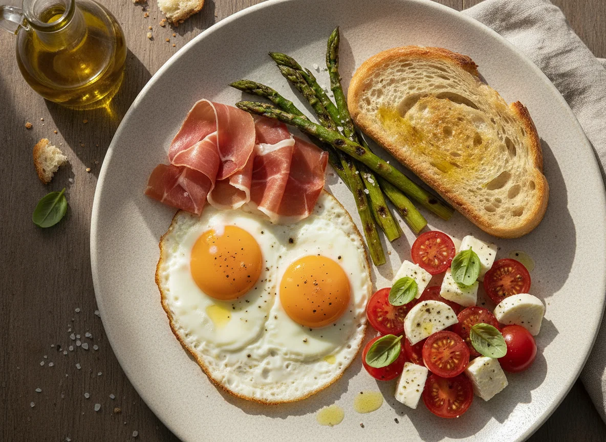 Huevo frito con jamón, espárragos y ensalada caprese photo