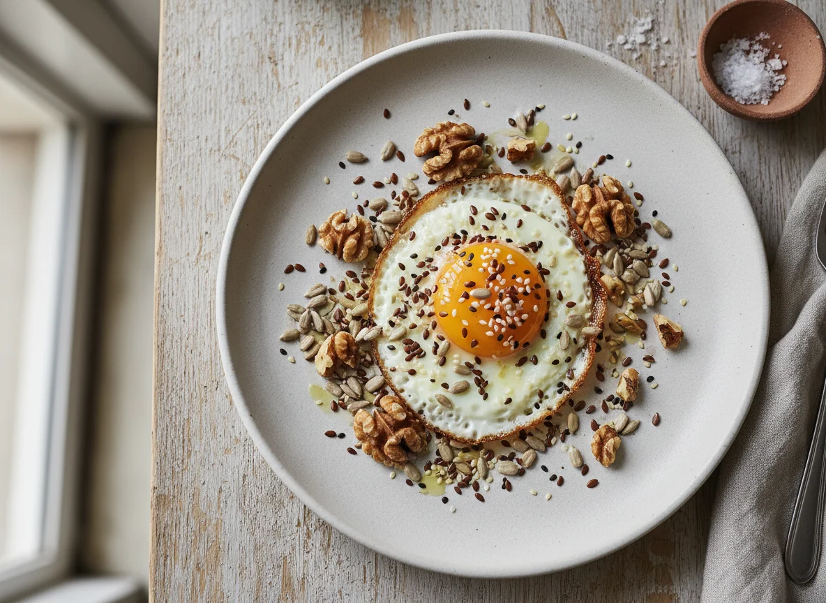 Huevo frito con nueces y semillas photo