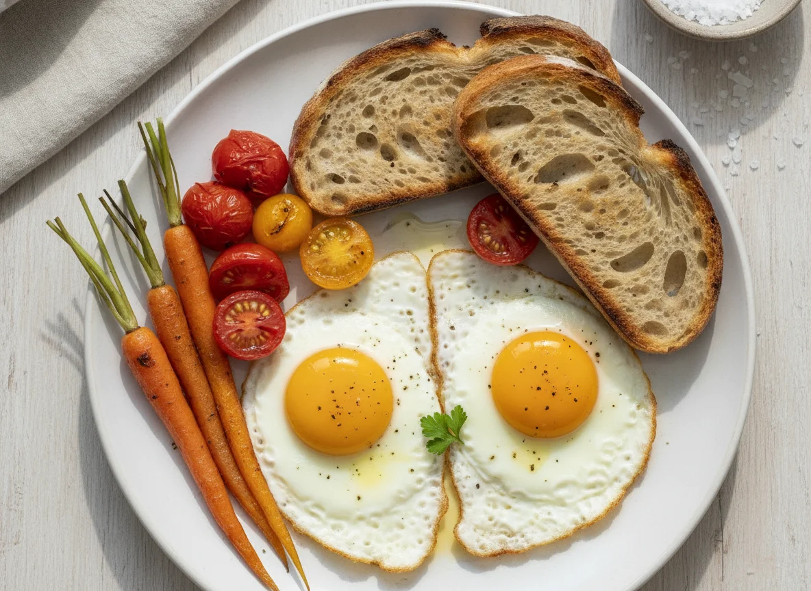 Huevo frito con pan artesanal y vegetales photo