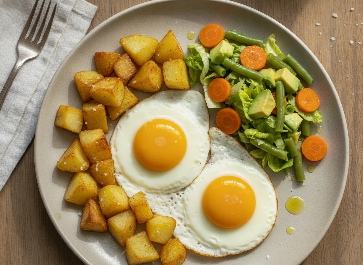 Huevo frito con papas doradas y ensalada photo