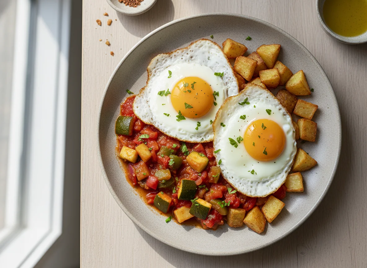 Huevo frito con pisto y patatas photo