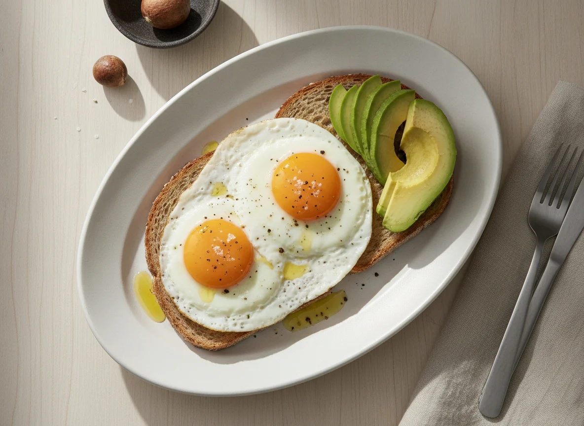 Huevo frito con tostada y palta photo