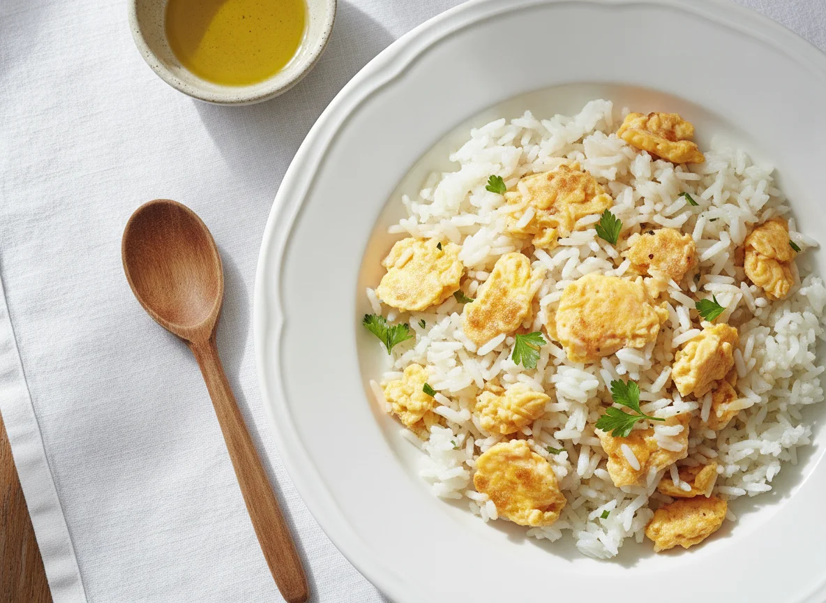 Huevo revuelto con arroz blanco photo