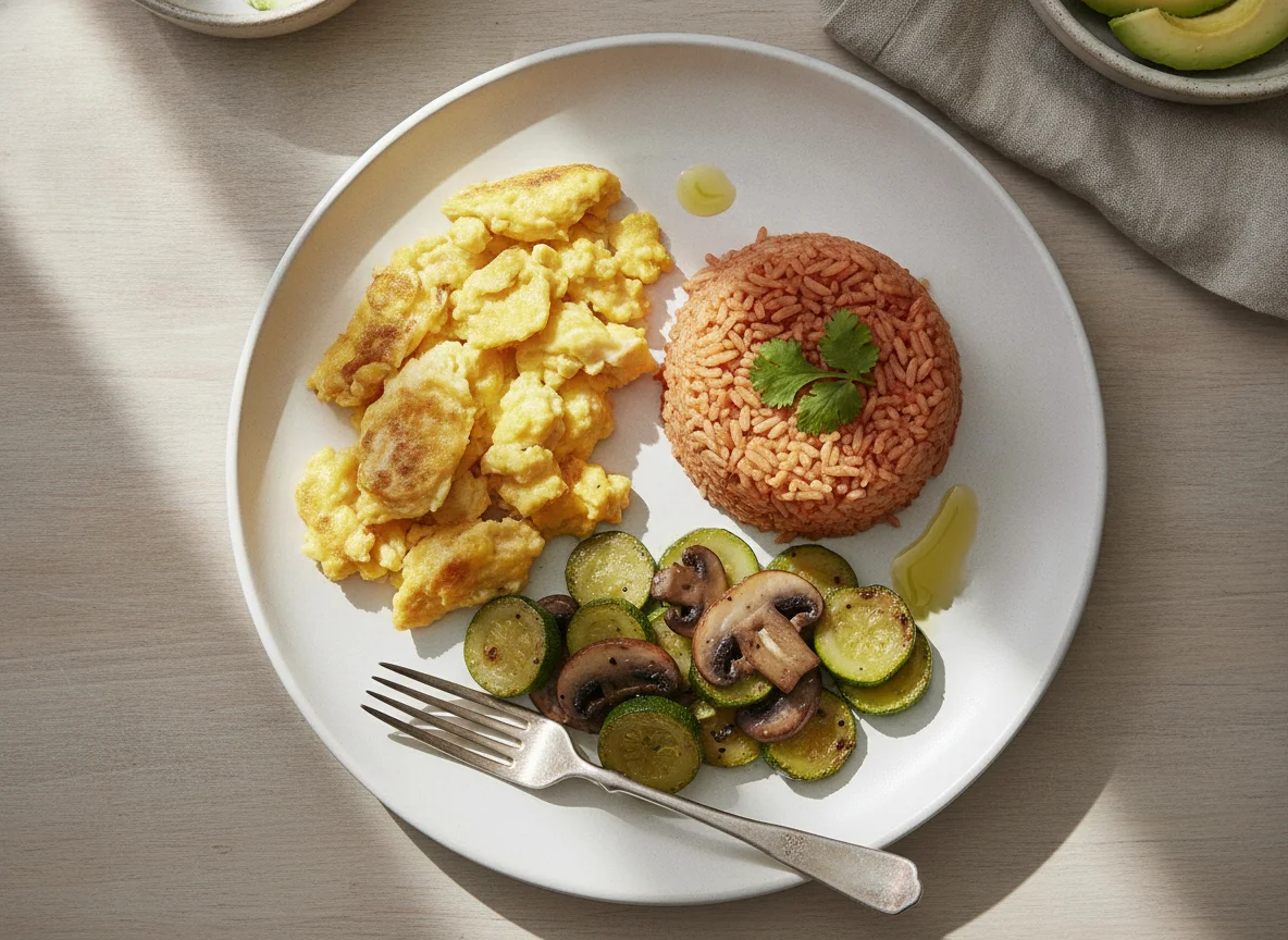 Huevo revuelto con arroz rojo y calabacitas con champiñones photo