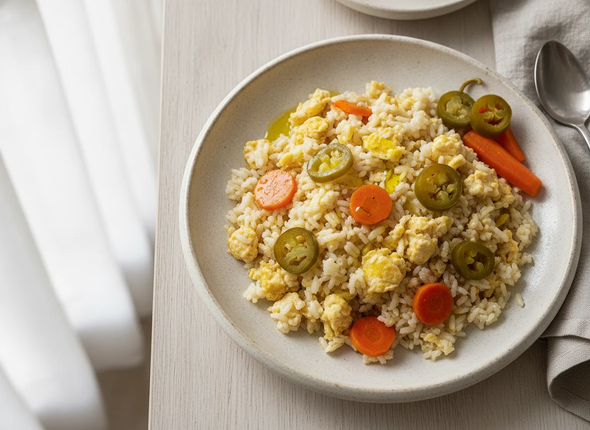 Huevo revuelto con arroz y chiles en vinagre photo