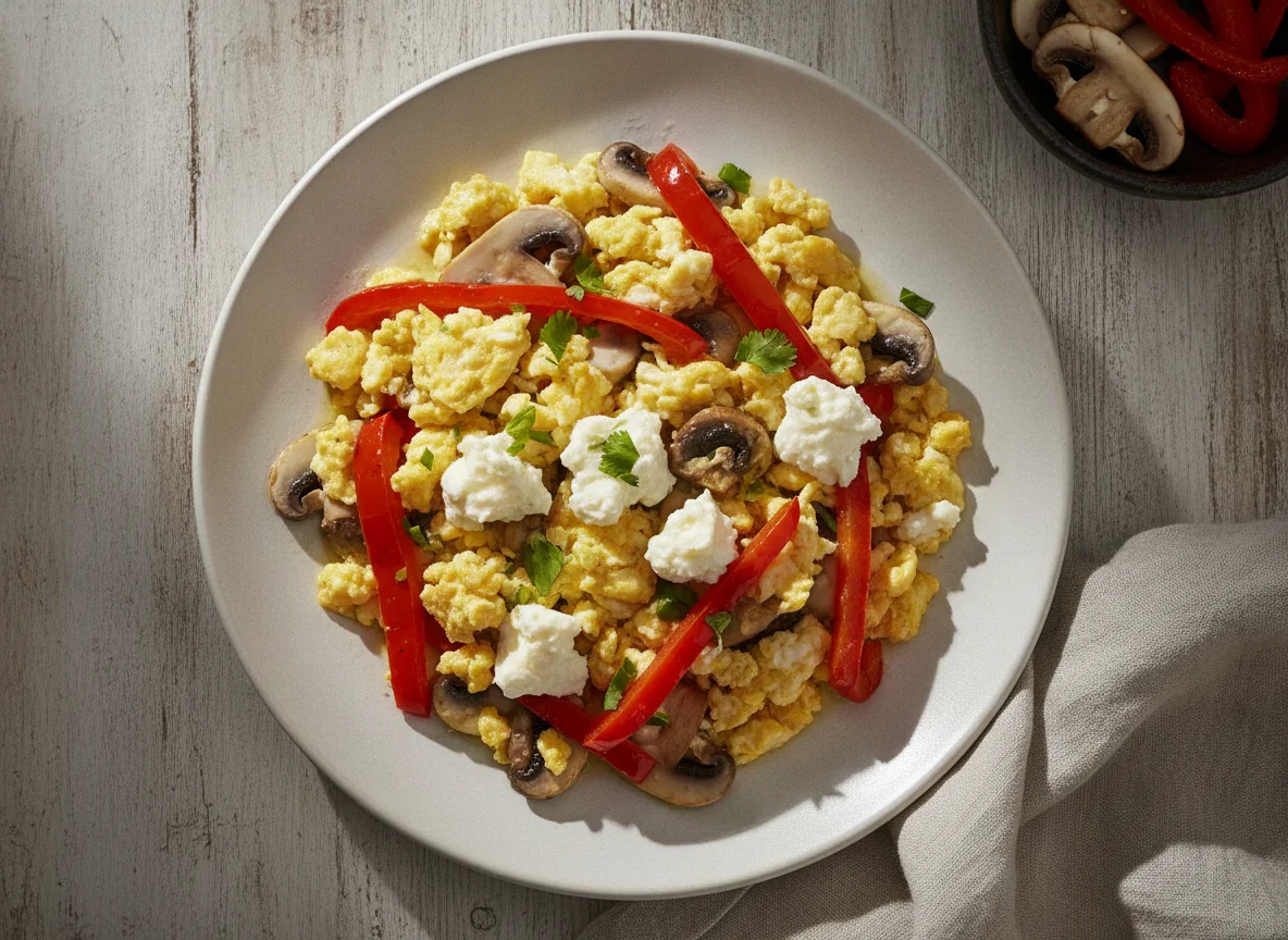 Huevo revuelto con champiñones, pimiento y queso photo