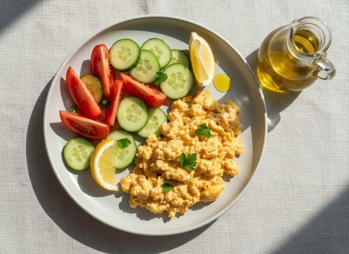 Huevo revuelto con ensalada de tomate y pepino photo