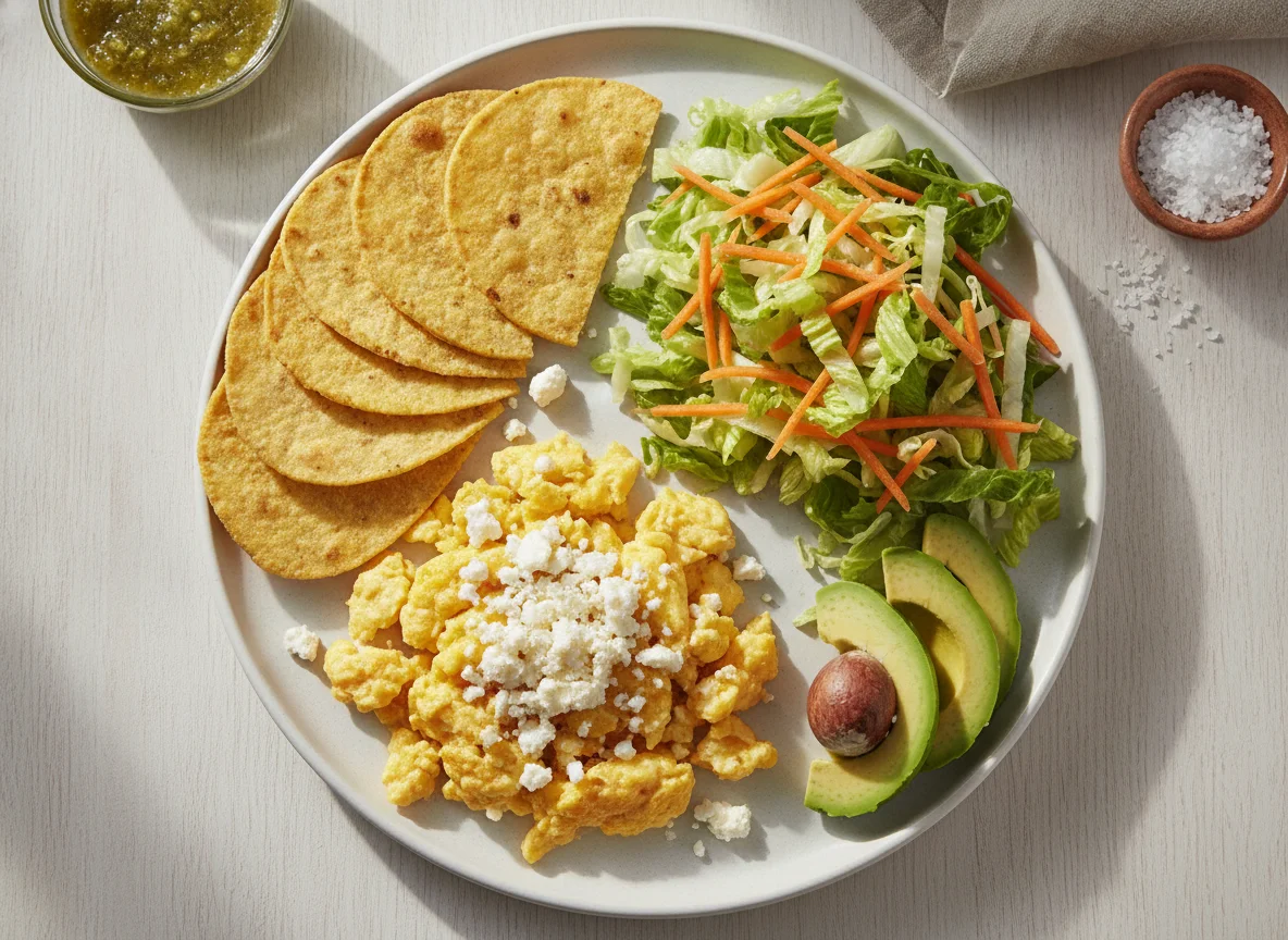 Huevo revuelto con ensalada y tostadas de maíz photo