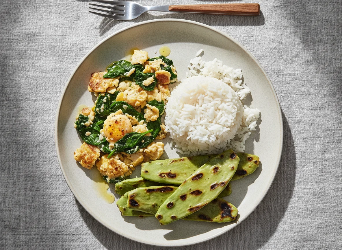 Huevo revuelto con espinacas, arroz y nopales photo