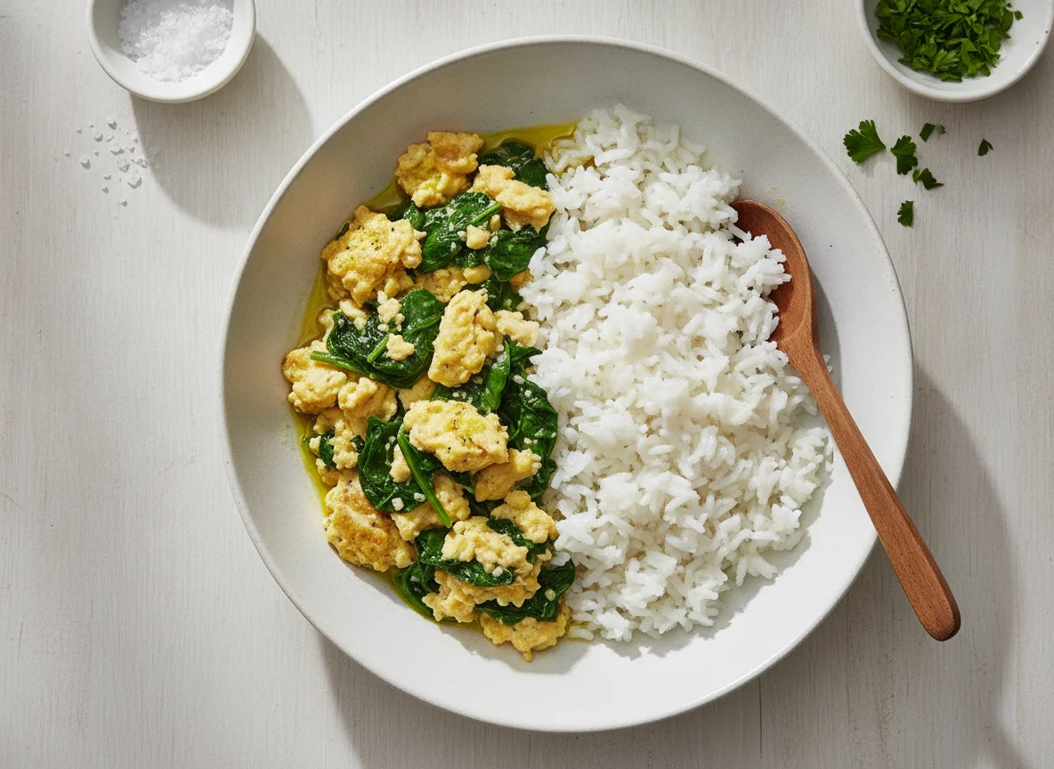 Huevo revuelto con espinacas y arroz blanco photo