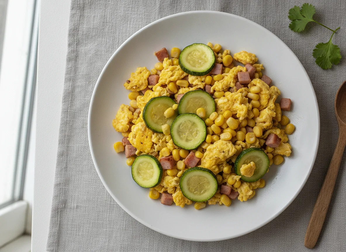 Huevo revuelto con jamón, elote y calabacita photo