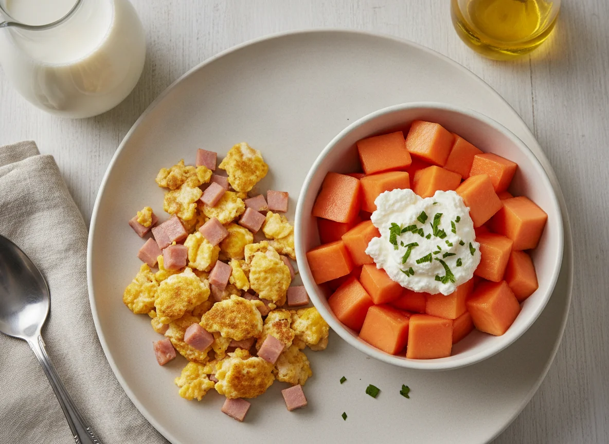 Huevo revuelto con jamón, papaya con requesón y leche photo