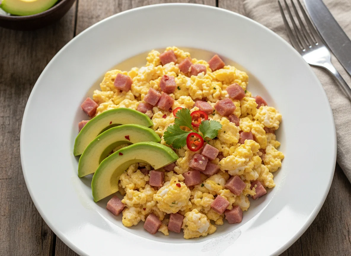 Huevo revuelto con jamón y aguacate photo