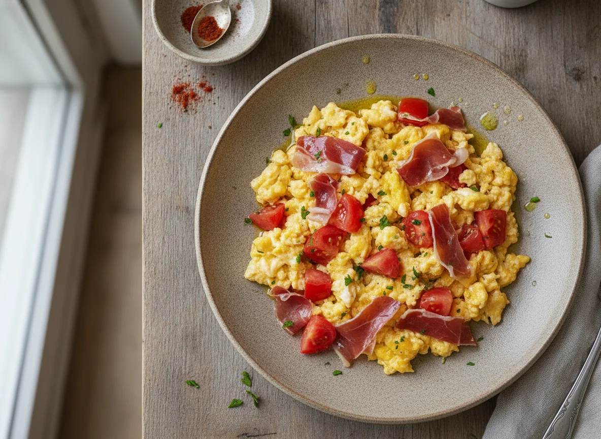 Huevo revuelto con jamón y jitomate photo