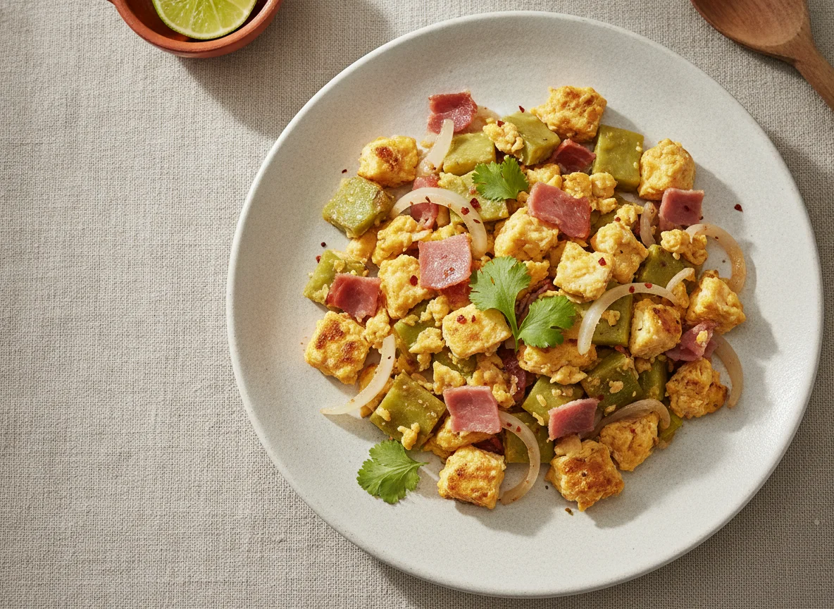 Huevo revuelto con jamón y nopales photo