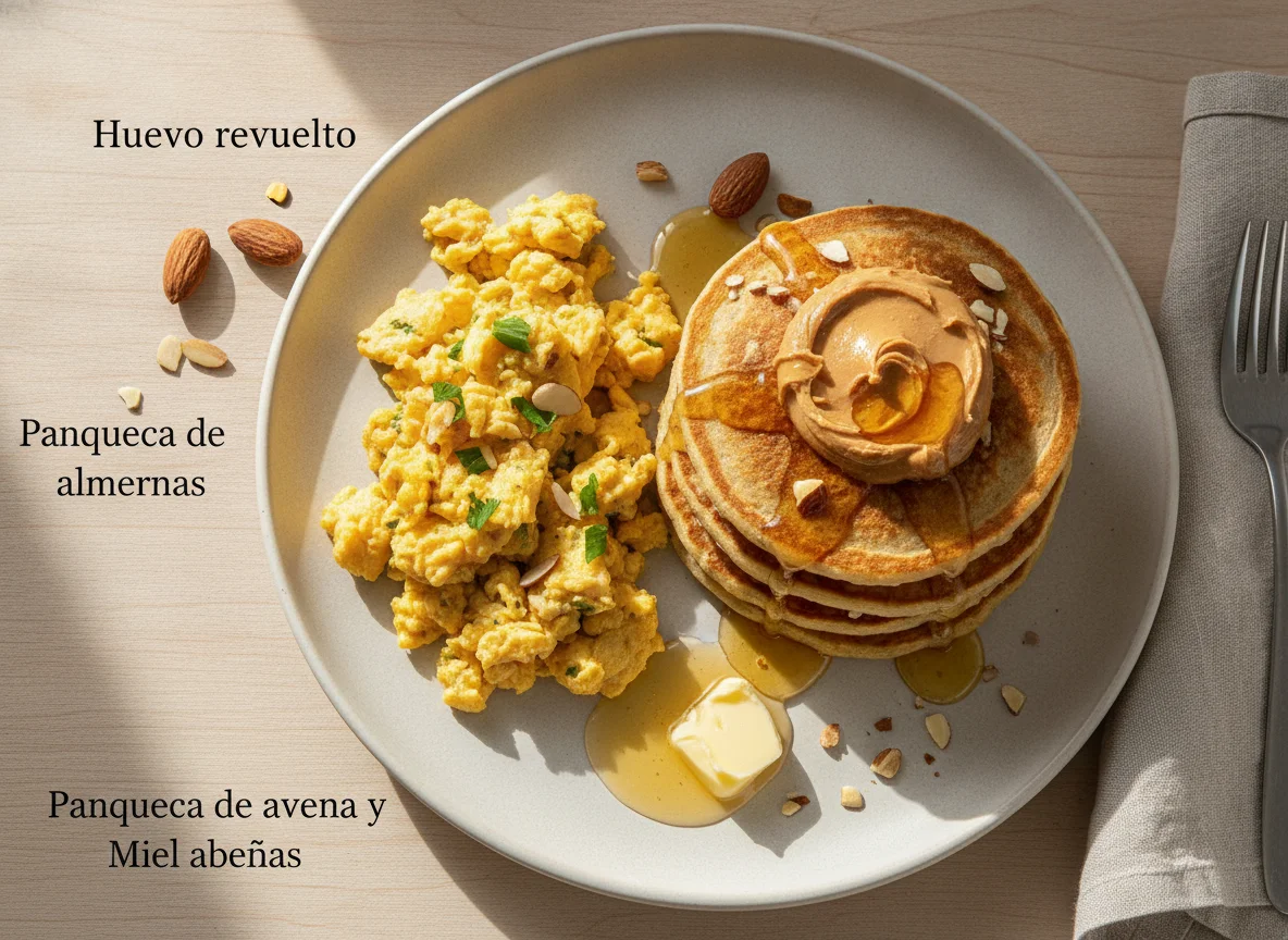 Huevo revuelto con panqueca de avena y almendras photo