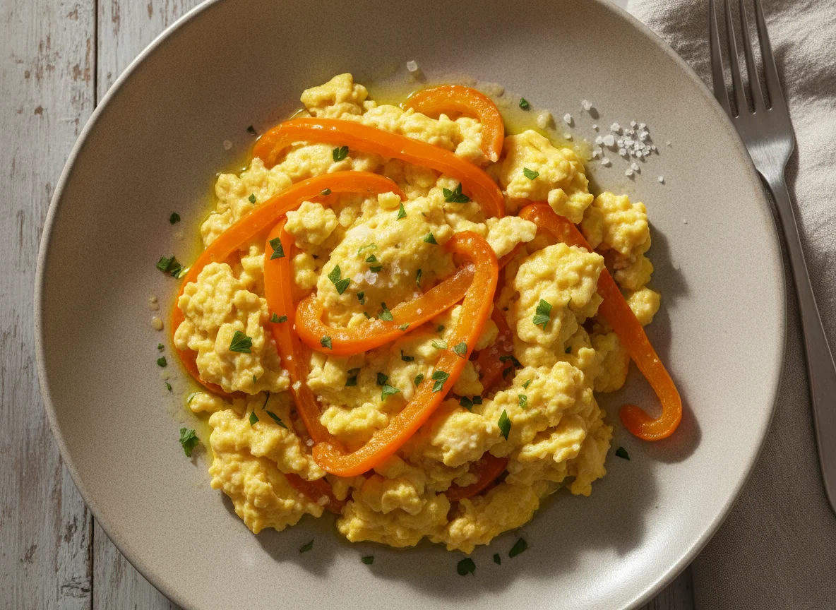 Huevo revuelto con pimiento naranja photo