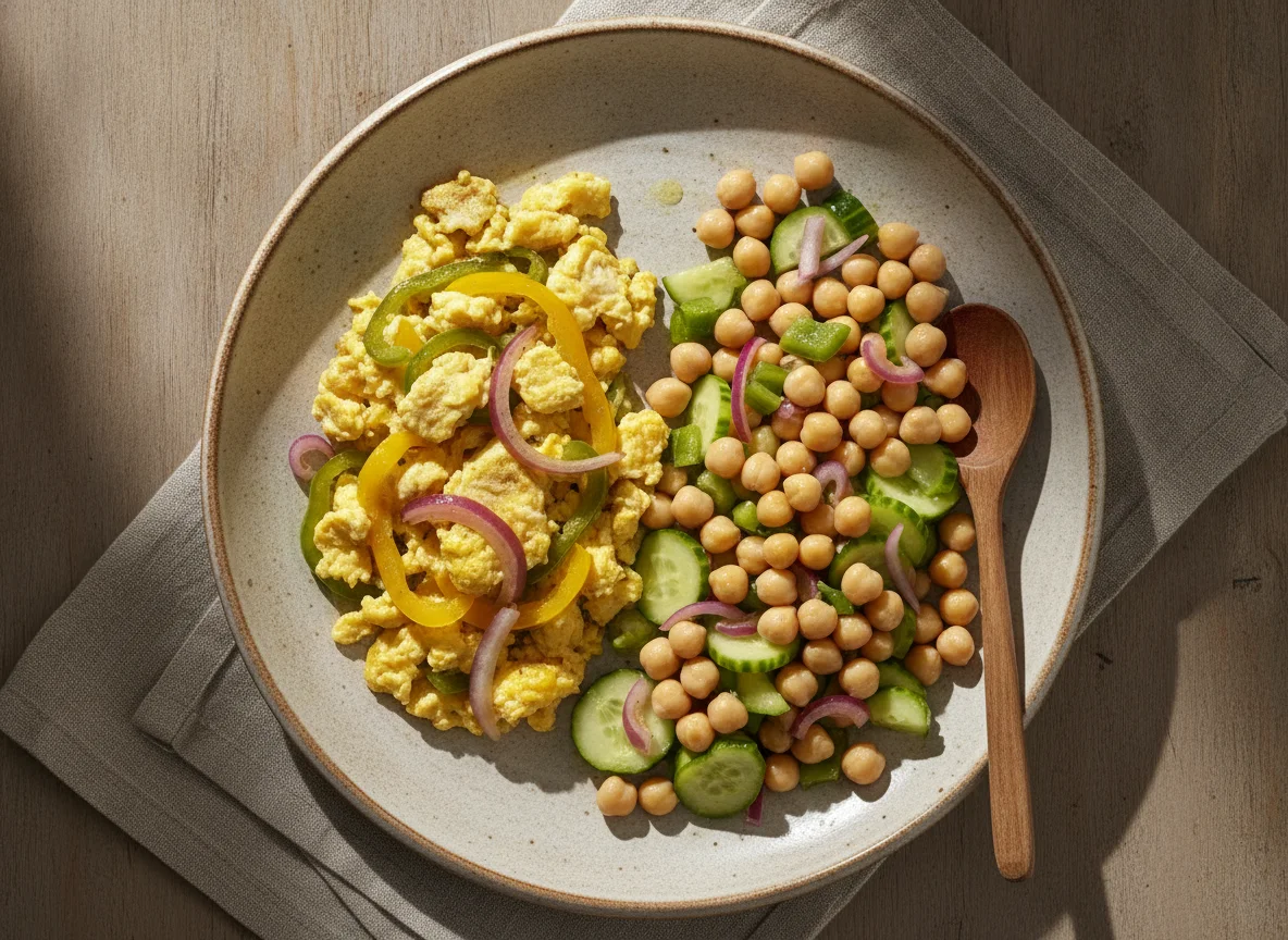 Huevo revuelto con pimientos y ensalada de garbanzos photo