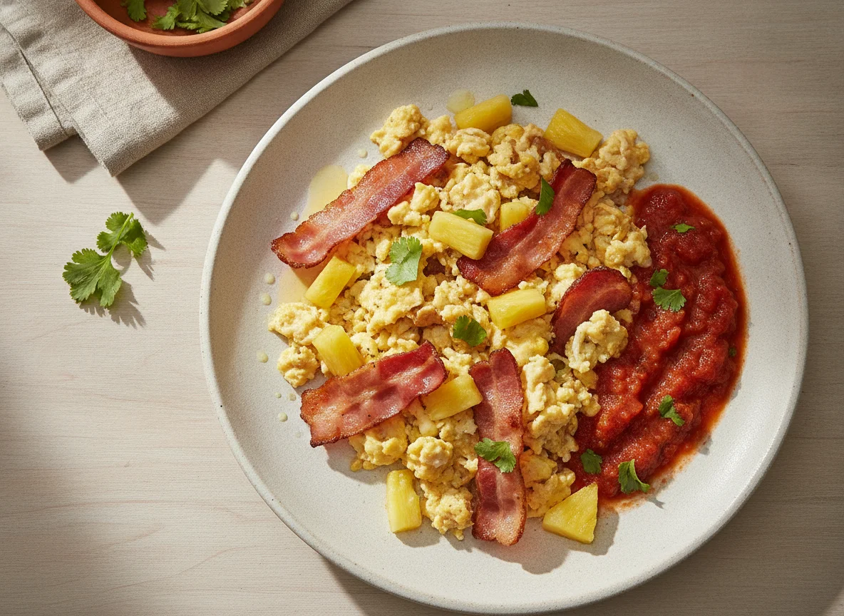 Huevo revuelto con tocino, piña y salsa photo