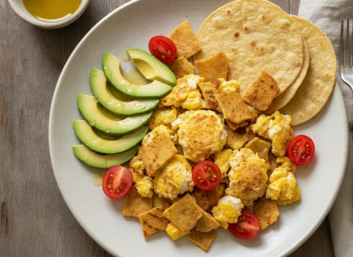 Huevo revuelto con tortilla, aguacate y jitomate cherry photo