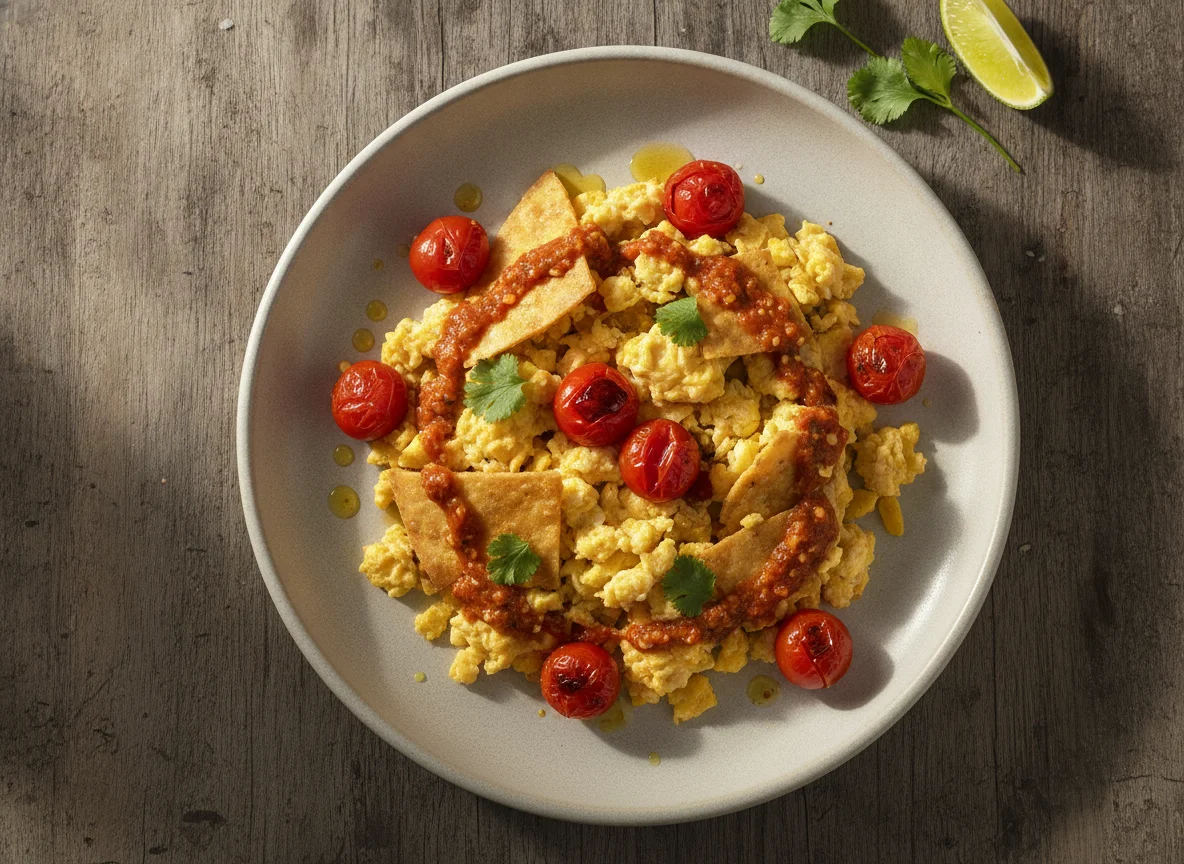 Huevo revuelto con tortilla y jitomates cherry photo