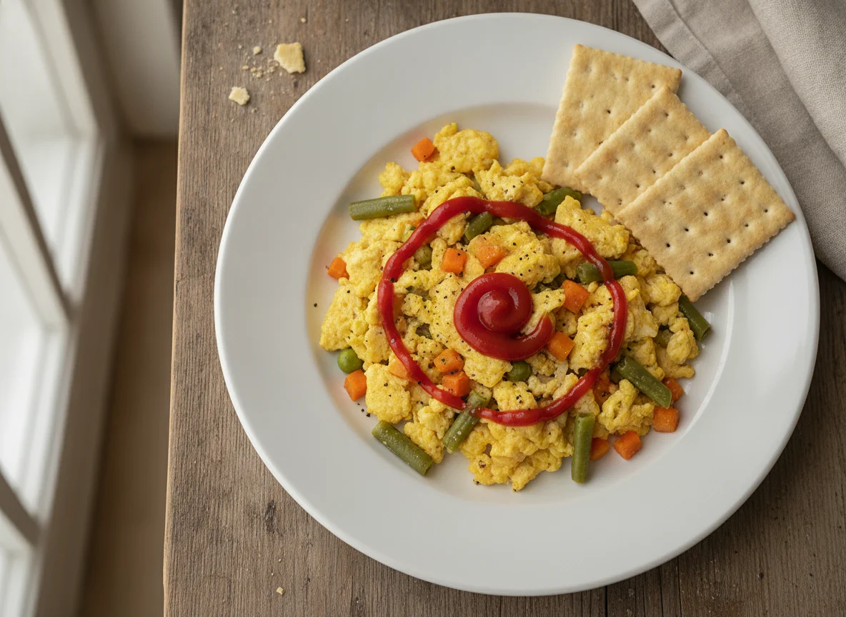 Huevo revuelto con verduras, cátsup y galletas saladas photo