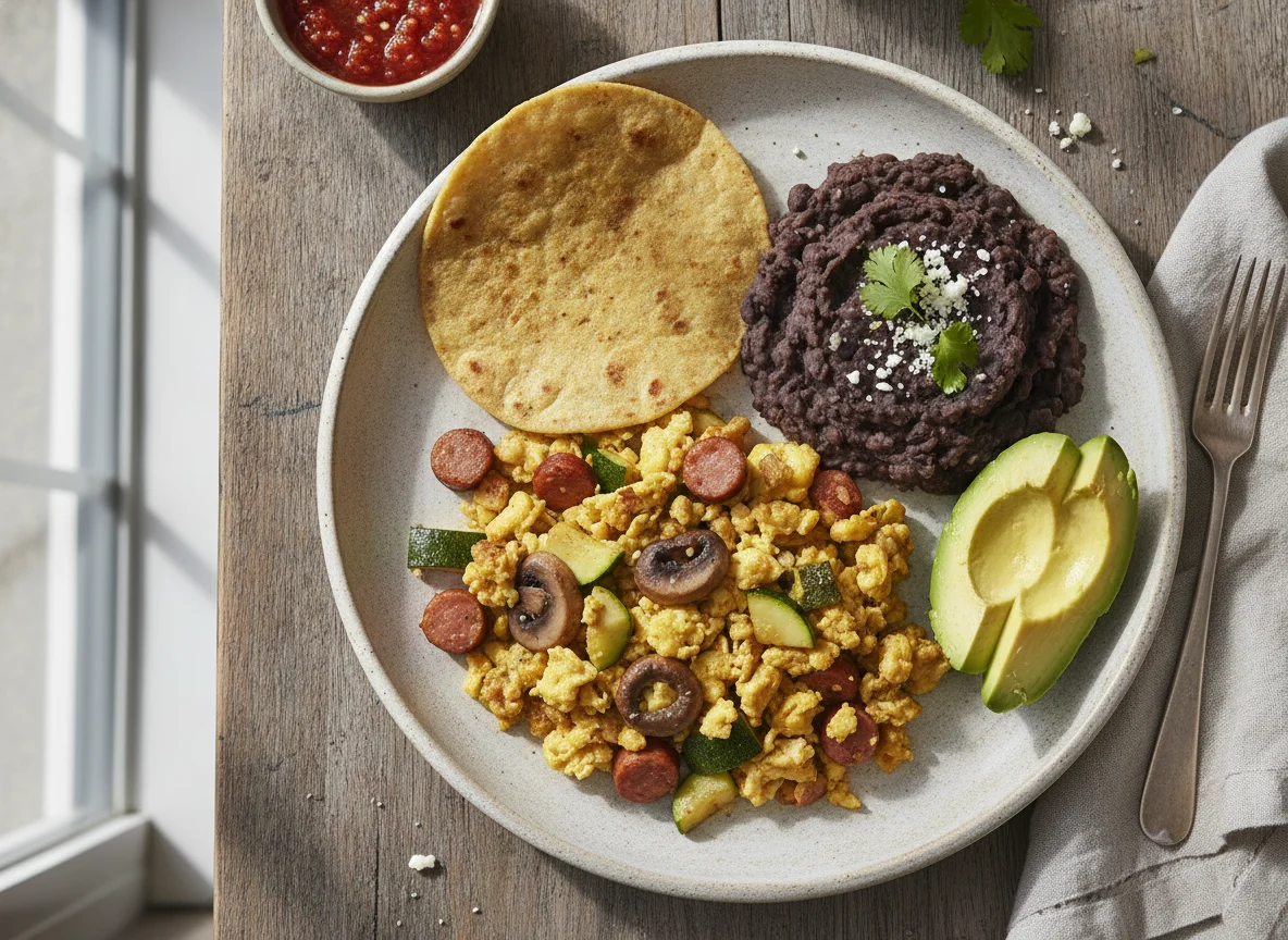 Huevo revuelto con verduras, salchicha y frijoles refritos photo