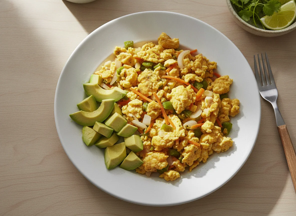 Huevo revuelto con verduras y aguacate photo