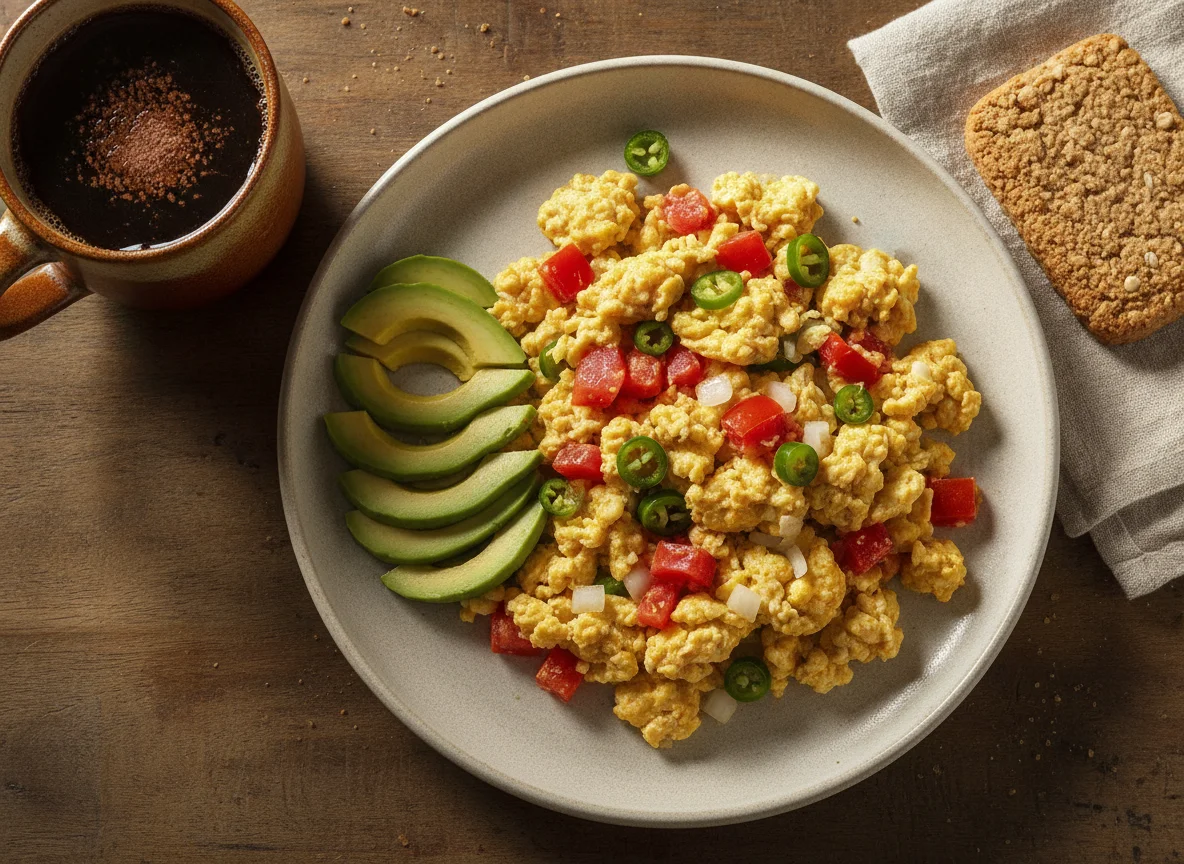 Huevos a la mexicana con aguacate, café y galleta photo