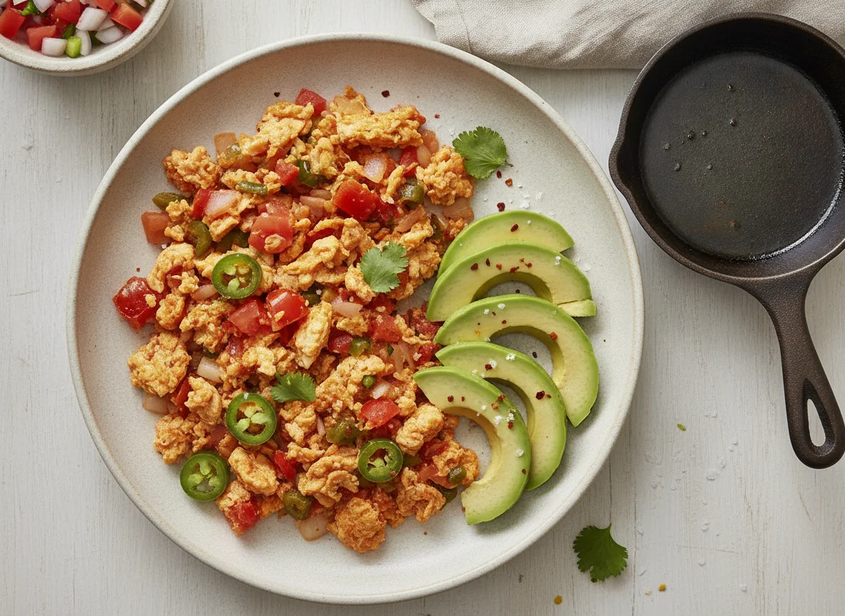 Huevos a la mexicana con aguacate photo