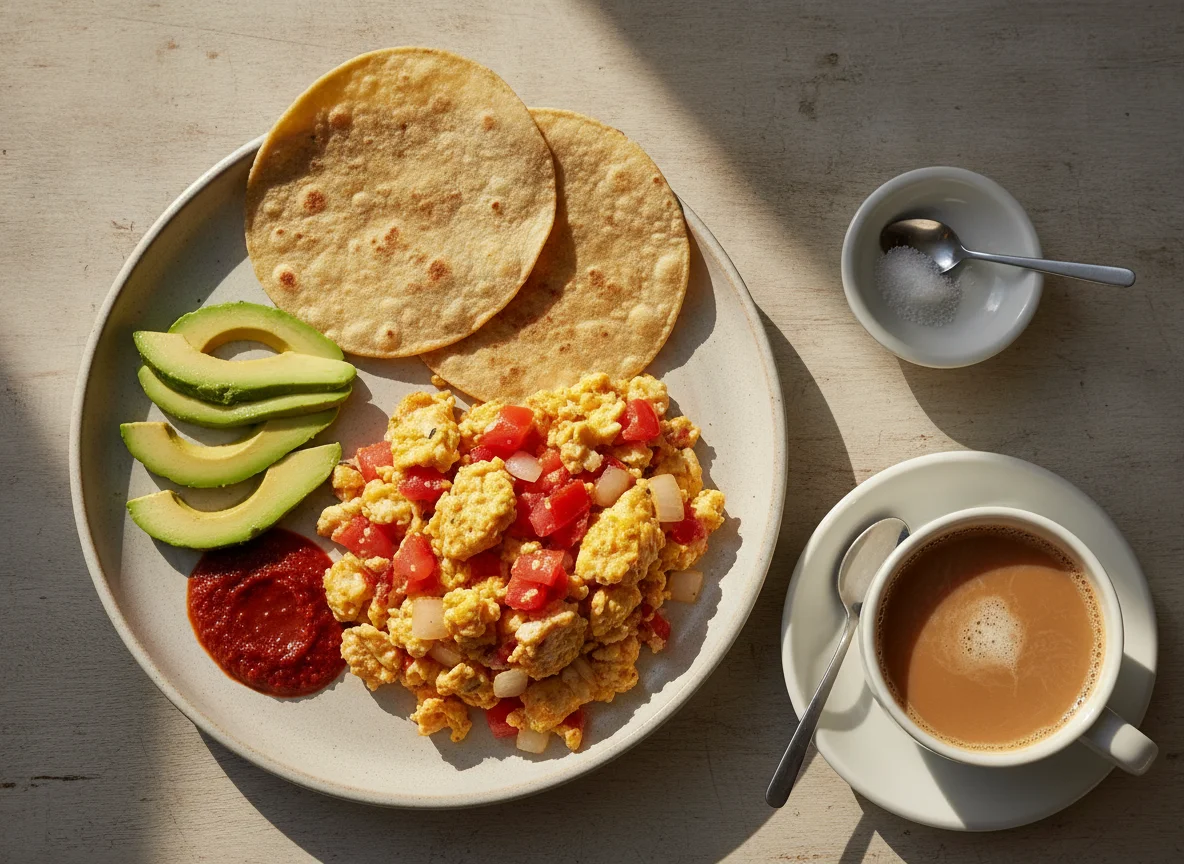 Huevos a la mexicana con café y acompañamientos photo