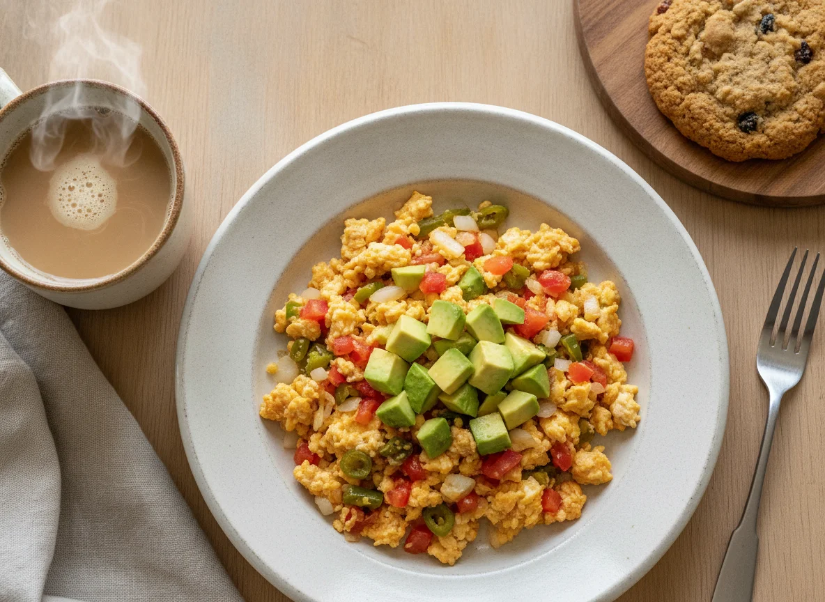 Huevos a la mexicana con café y galleta photo
