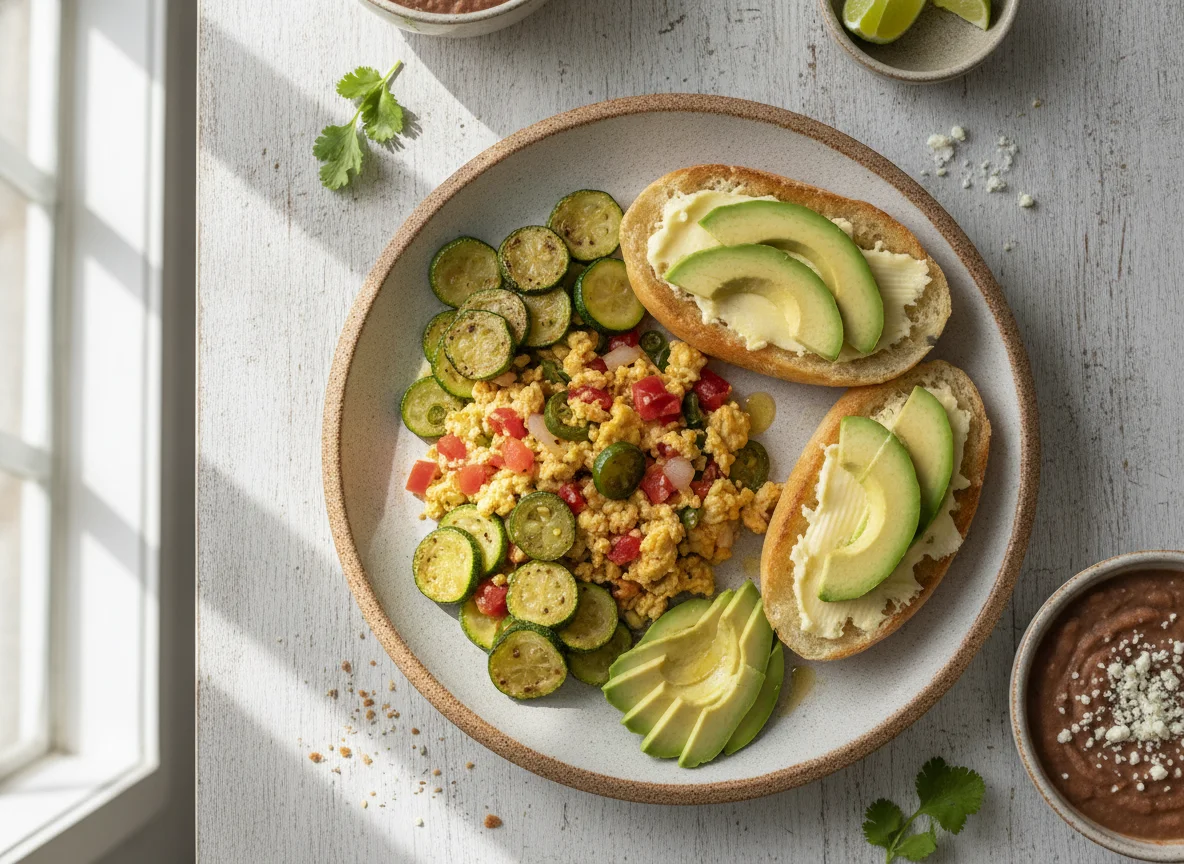 Huevos a la mexicana con calabacitas y molletes photo