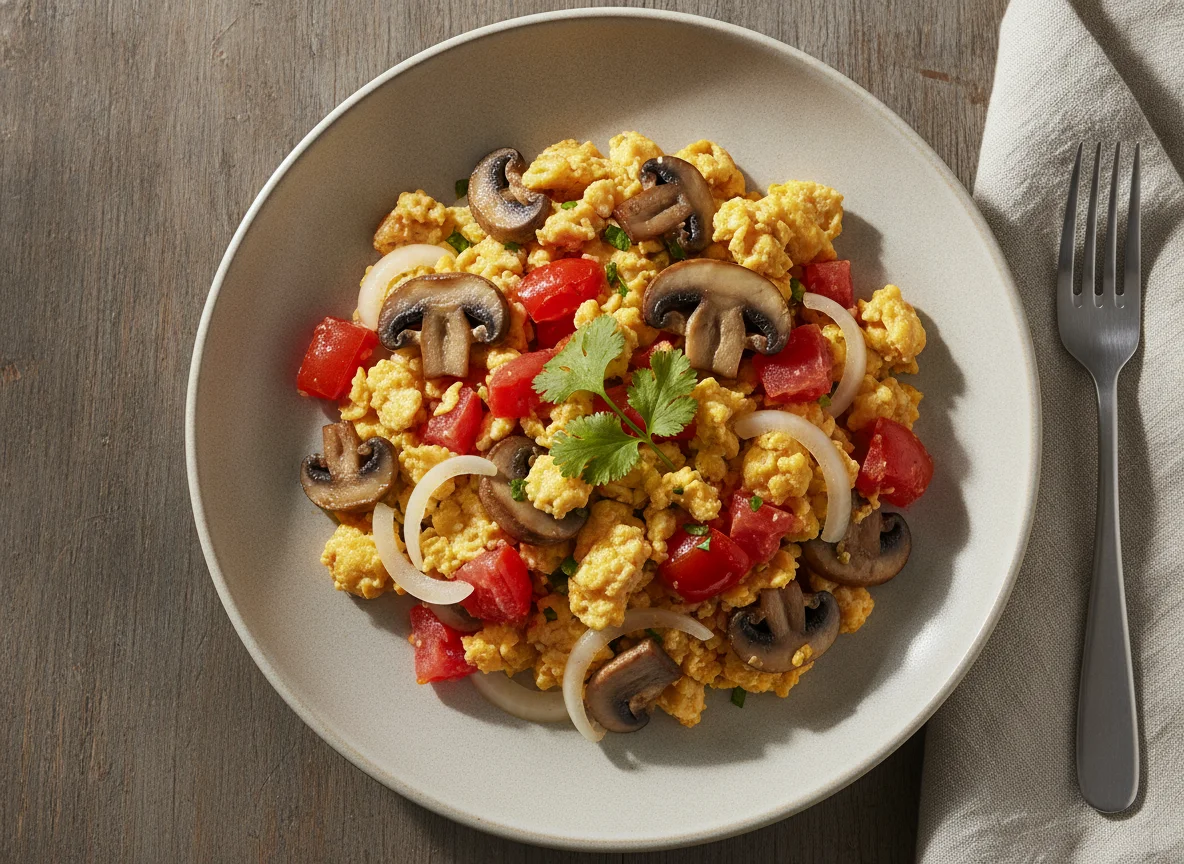 Huevos a la mexicana con champiñones photo