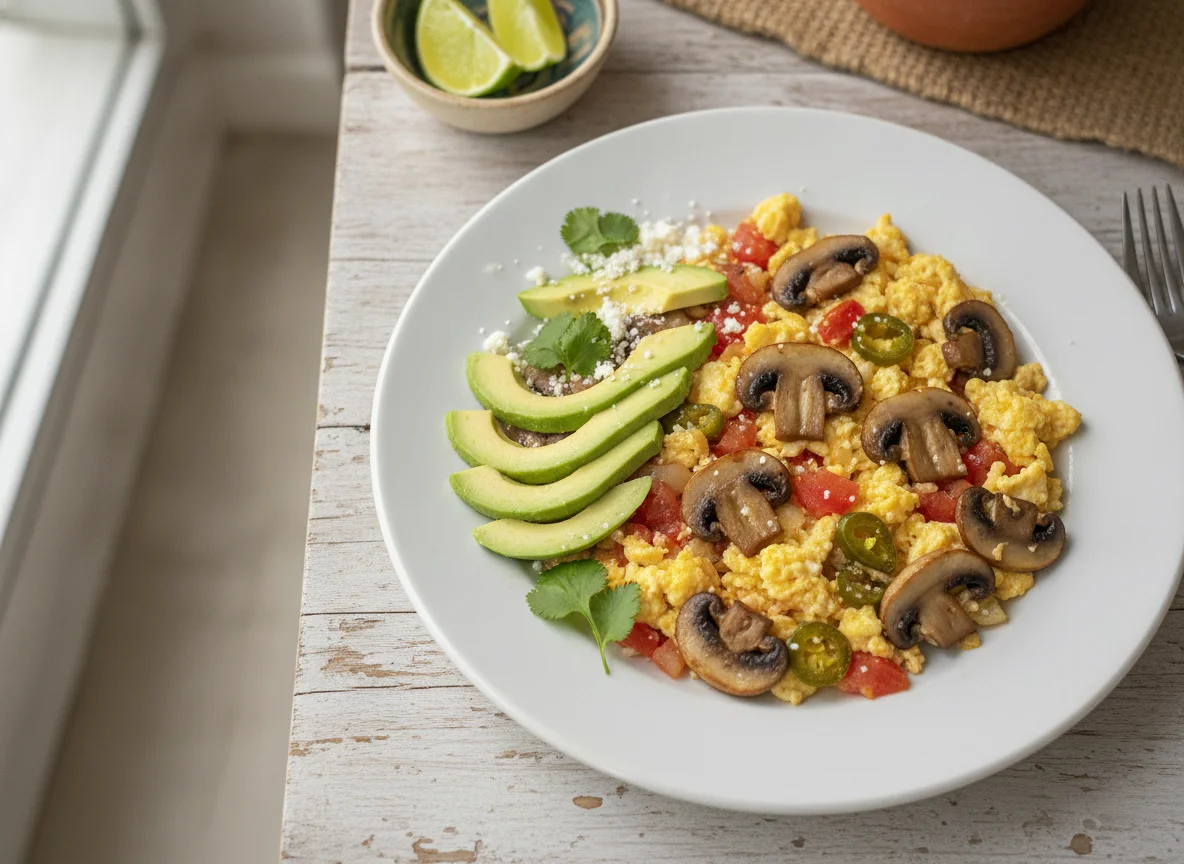 Huevos a la mexicana con champiñones y aguacate photo