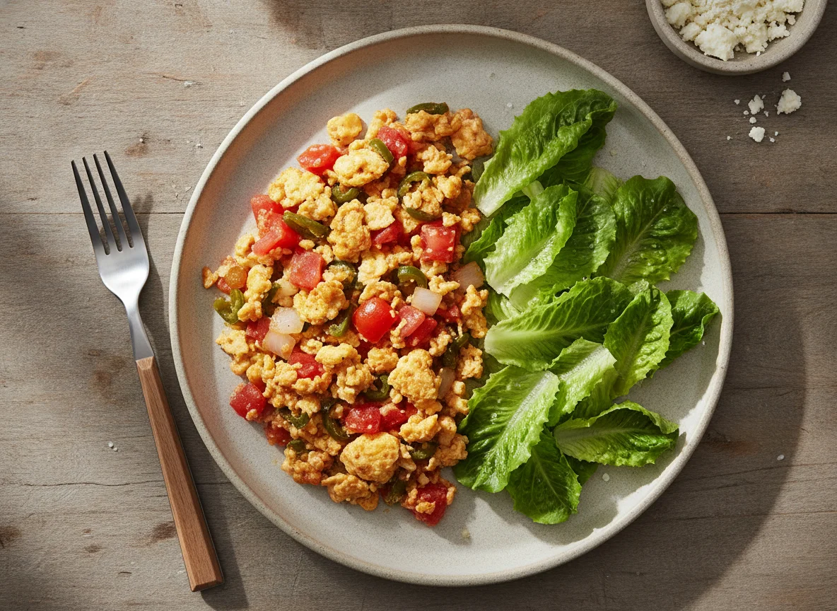 Huevos a la mexicana con ensalada de lechuga photo
