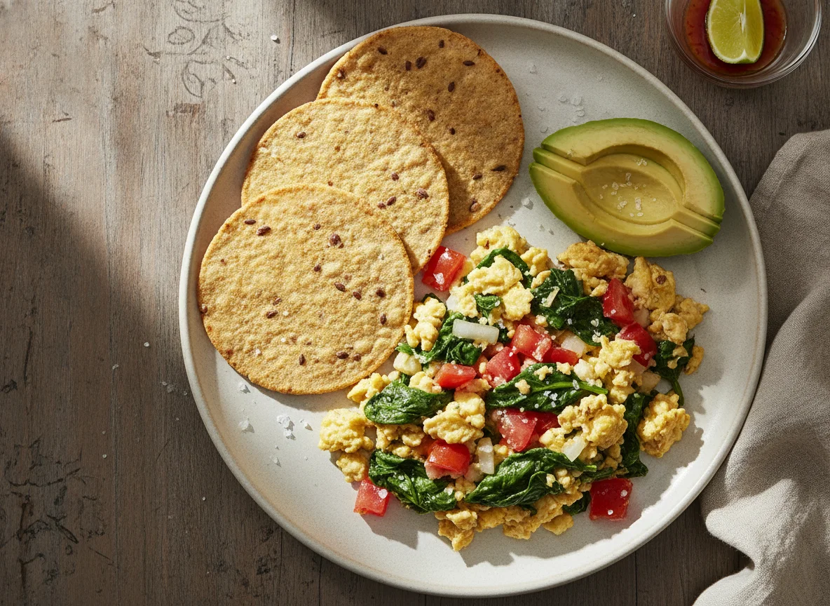 Huevos a la mexicana con espinacas, aguacate y tostadas photo