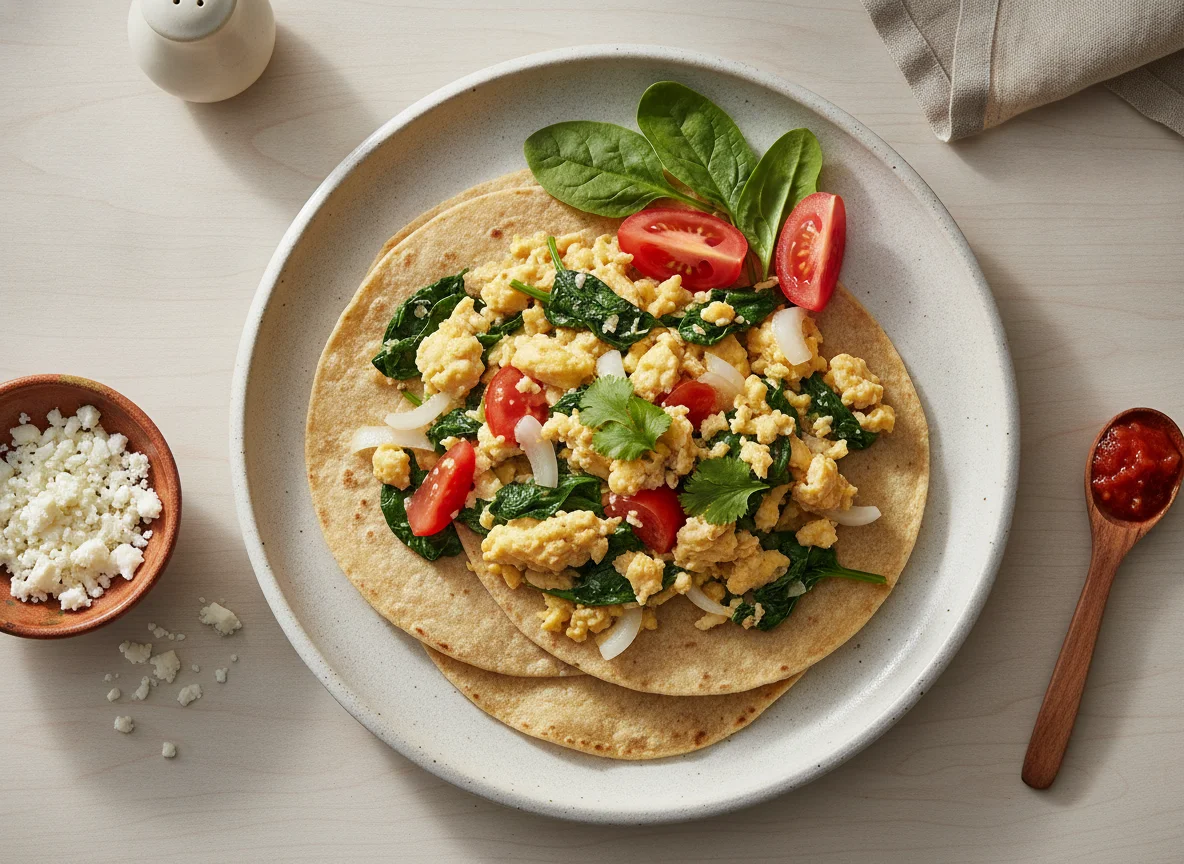 Huevos a la mexicana con espinacas y tortilla photo