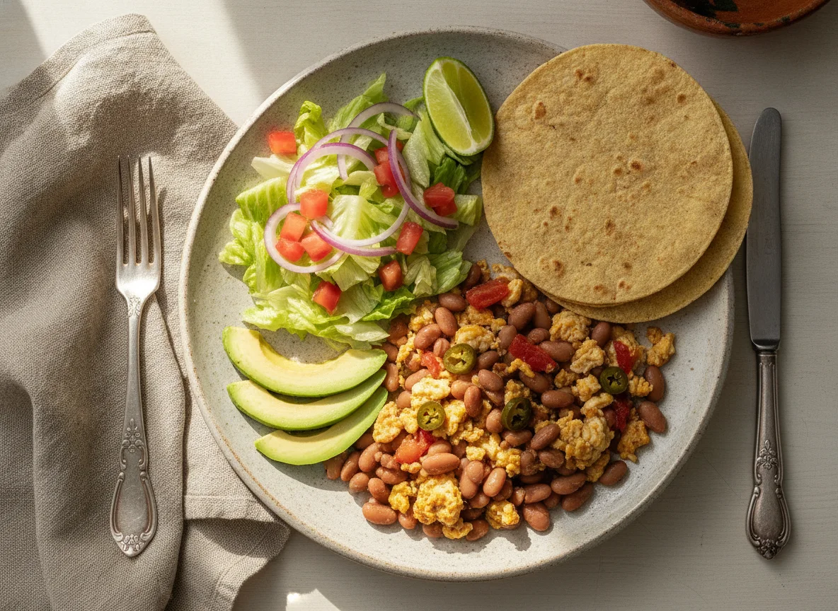 Huevos a la mexicana con frijoles, aguacate y ensalada photo
