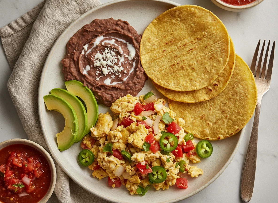 Huevos a la mexicana con frijoles, aguacate y tortillas photo