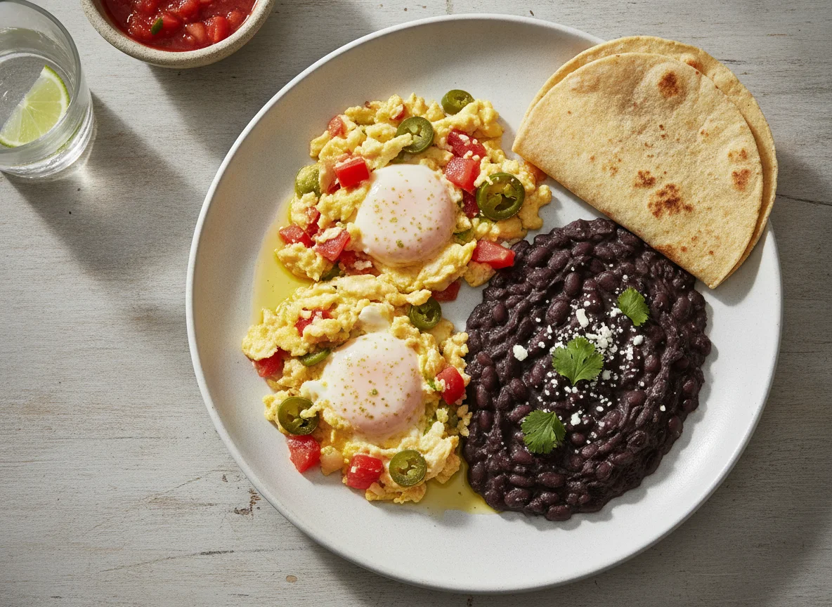 Huevos a la mexicana con frijoles negros photo