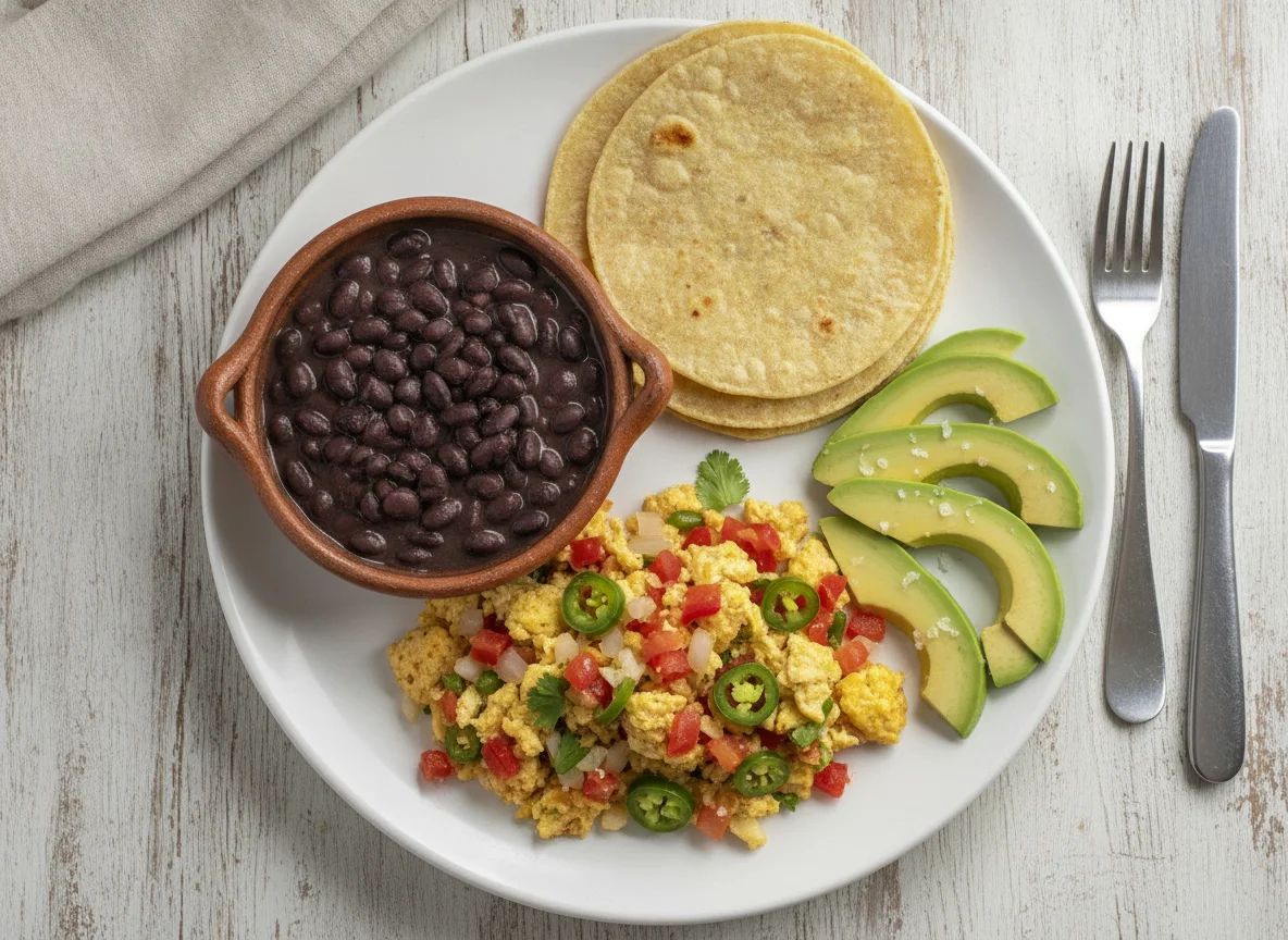 Huevos a la mexicana con frijoles negros y aguacate photo