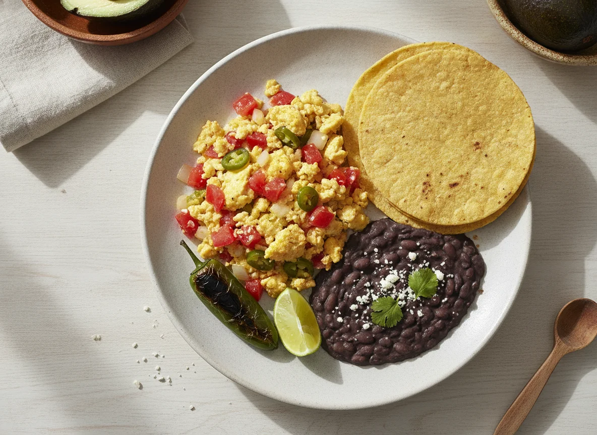 Huevos a la mexicana con frijoles negros y tortilla photo