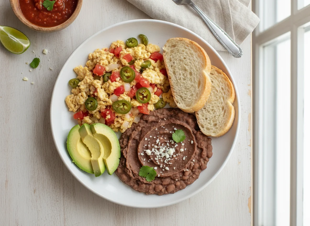 Huevos a la mexicana con frijoles refritos, aguacate y pan photo