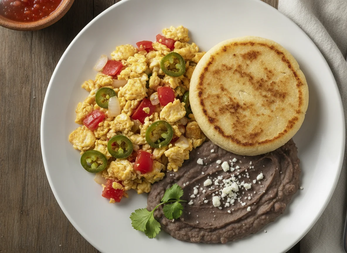 Huevos a la mexicana con frijoles refritos y arepa photo