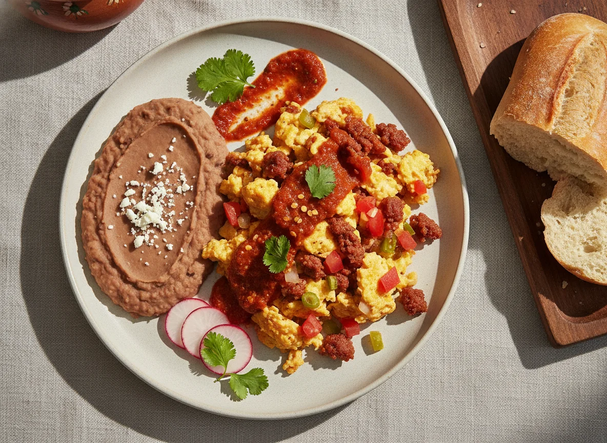 Huevos a la mexicana con frijoles refritos y bolillo photo