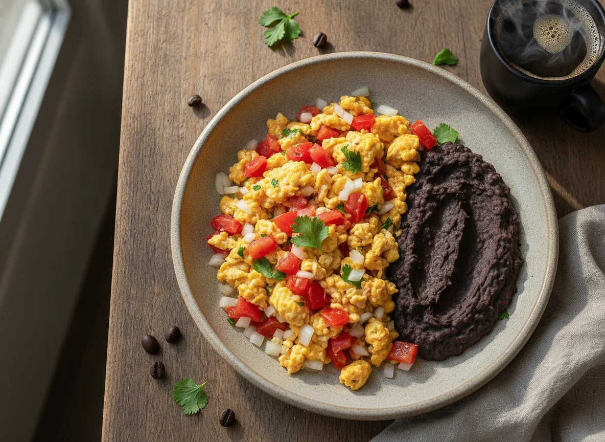 Huevos a la mexicana con frijoles refritos y café photo