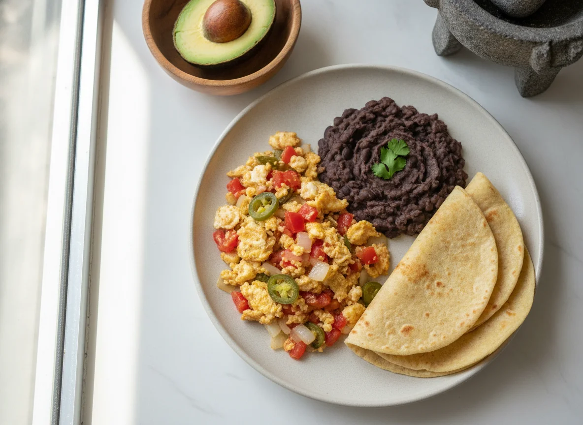 Huevos a la mexicana con frijoles refritos y tortillas de harina photo