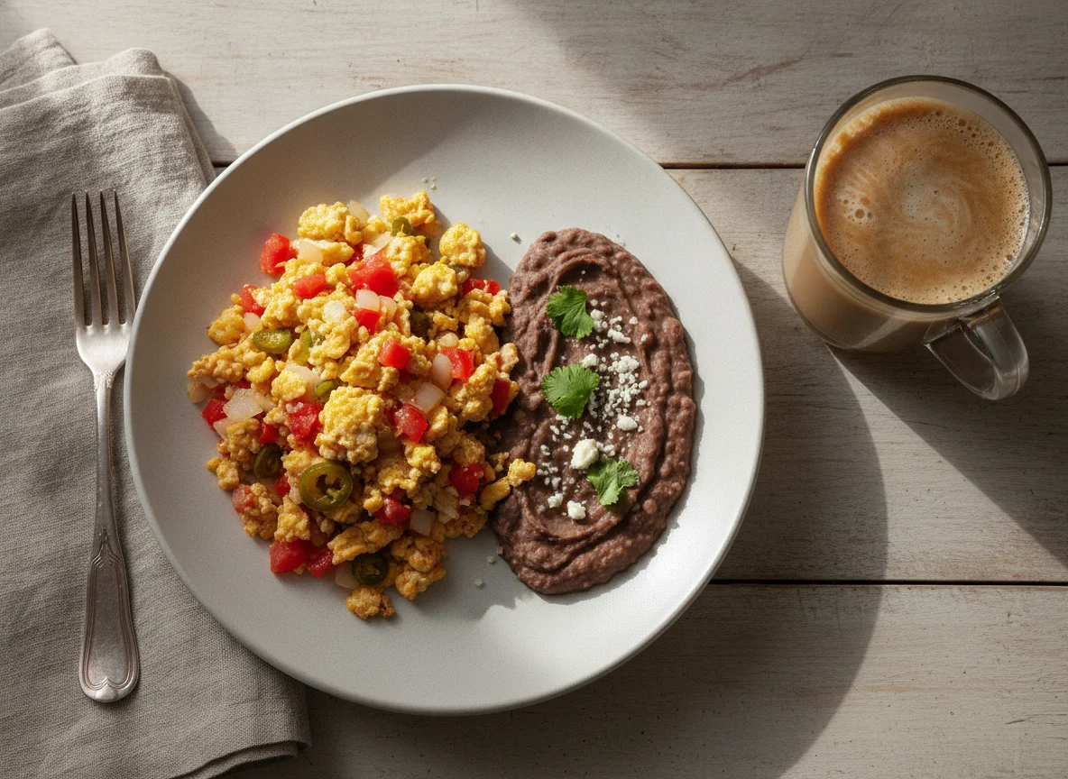 Huevos a la mexicana con frijoles y café con leche photo